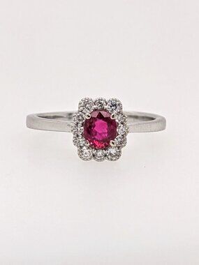 Mozambique Ruby and Diamond Halo Ring in Solid 14K White Gold
